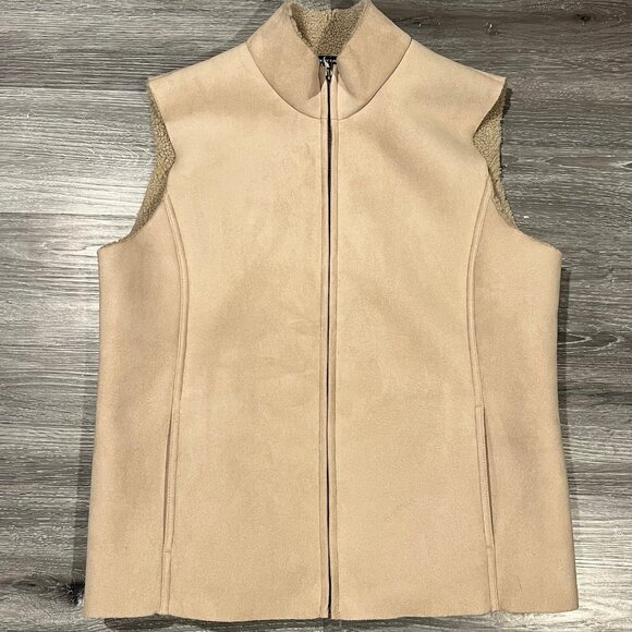 Lands End faux suede leather vest Sherpa lines coat jacket, sz M - Picture 1 of 10